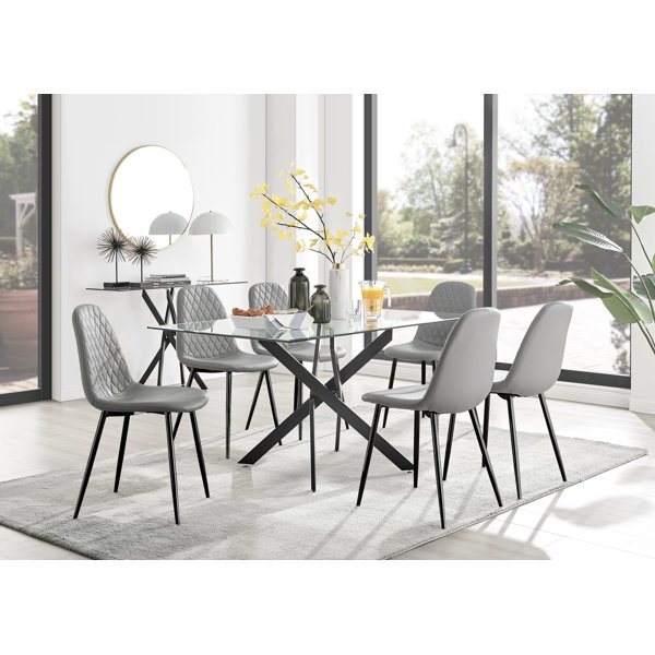 Lenworth Modern Black Metal and Glass Dining Table Set with 6 Luxury Faux Leather Dining Chairs East Urban Home Color Chair Cappuccino Gold